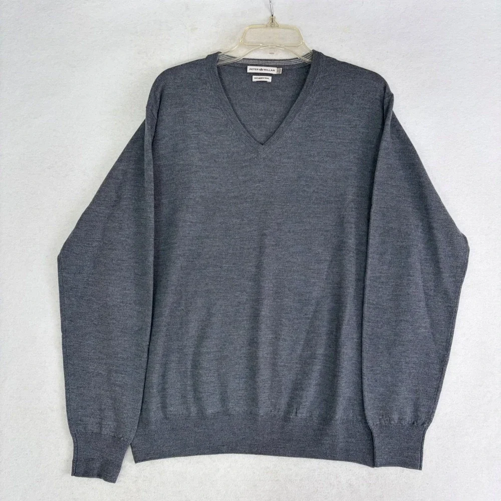 Peter Millar V-Neck Sweater Mens Large Grey 100% Merino Wool‎ Pullover Luxury